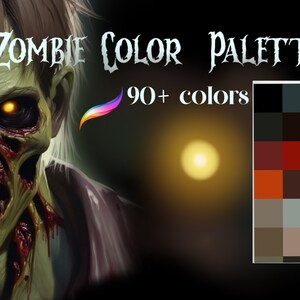 Może przedstawiać: Paleta kolorów zombie z ponad 90 kolorami. Paleta zawiera odcienie zieleni, czerwieni, brązu, czerni i pomarańczy. Kolory są ułożone w siatce.