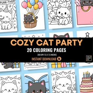 Coco&#39;s Cozy Party Kawaii Birthday Cat Coloring Book – Cute Printable Pages for Kids & Adults, Digital Download, Fun Party-Themed Coloring