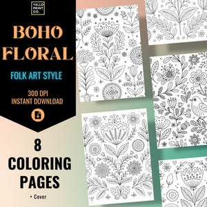 Boho Flower Coloring Book | Printable Adult Coloring Pages| Digital Download | Hand-Drawn Coloring Sheets| Instant Download | Folk Art