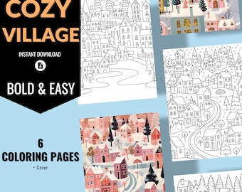 Winter Wonderland Coloring Pages – Digital & Printable, Hand-Drawn Scandinavian Village – Instant Download, Nordic Village Art