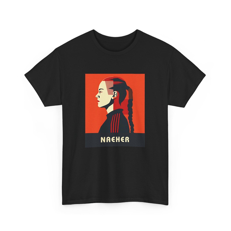 May include: Black t-shirt featuring a red and white graphic of a woman with a braid and the word "NAEHER" in yellow.