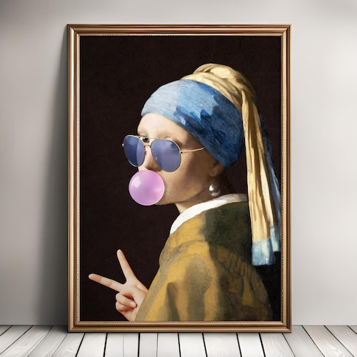 Bubble Gum Girl With Pearl Earring Art Print (digital Download) - Etsy