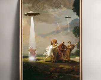 Puede incluir: Impresión artística enmarcada que representa una escena clásica con un toque moderno. La obra presenta figuras con túnicas iluminadas por rayos de OVNIs en el cielo. La impresión está enmarcada en un marco dorado, agregando un toque de elegancia a la composición surrealista.