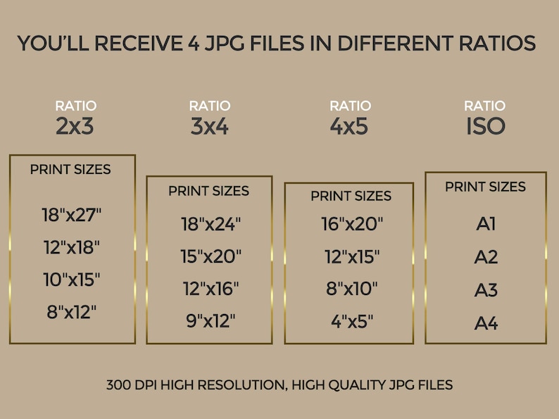 Pu&ograve; includere: Un grafico che mostra quattro diversi rapporti di aspetto per le immagini digitali, con dimensioni di stampa corrispondenti in pollici. I rapporti sono 2x3, 3x4, 4x5 e ISO. Il testo "300 DPI HIGH RESOLUTION, HIGH QUALITY JPG FILES" &egrave; nella parte inferiore del grafico.