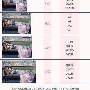 May include: Four digital art prints of a woman in a pink dress lying on a green couch. The prints are available in four different aspect ratios: 5x4, ISO, 4x3, and 3x2. The text "Don't Rush Me!" is written on each print. The prints are available in various sizes, including 10x8 inches, 15x12 inches, 20x16 inches, and 25x20 inches.
