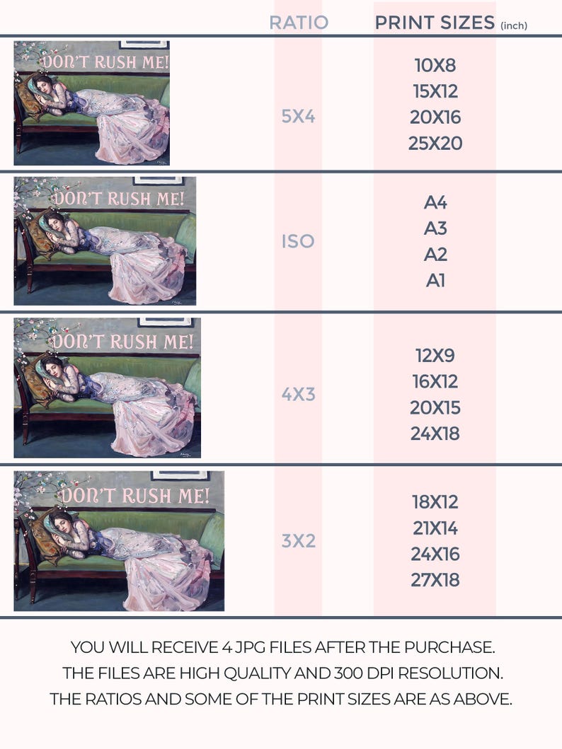 May include: Four digital art prints of a woman in a pink dress lying on a green couch. The prints are available in four different aspect ratios: 5x4, ISO, 4x3, and 3x2. The text "Don't Rush Me!" is written on each print. The prints are available in various sizes, including 10x8 inches, 15x12 inches, 20x16 inches, and 25x20 inches.