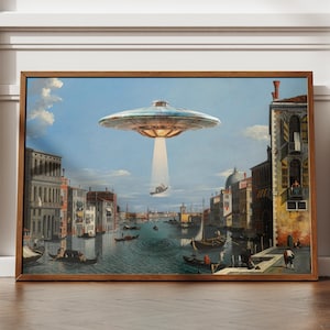 Ufo art, Altered Art, alien abduction, UFO wall art, funny wall art, quirky wall art, eclectic decor, maximalist wall art, alien painting