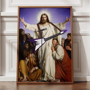 Altered art, altered art print, jesus art, quirky wall art, funny wall art, jesus poster, jesus christ art, jesus with electric guitar print