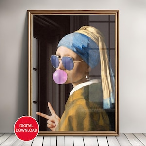 Art altéré, impression d'art altéré, art vintage altéré, art du portrait altéré, art mural drôle, portrait de bubble-gum, fille avec une boucle d'oreille de perle