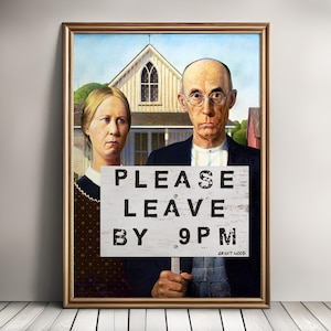 Funny American Gothic Art Print, Leave by 9, Altered Portrait (Digital Download)