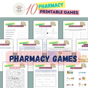 Puede incluir: Una colección de diez juegos de farmacia imprimibles, que incluyen sopas de letras, crucigramas y búsquedas de palabras. Los juegos están diseñados con texto e ilustraciones coloridas, perfectos para uso educativo o recreativo. El título "Pharmacy Games" se muestra de forma destacada.