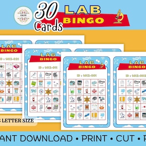 May include: Four Lab Bingo cards with a blue and white border, displaying lab-themed images. The cards have a red banner that reads "LAB BINGO". The image also includes the text "30 Cards" and "US LETTER SIZE".
