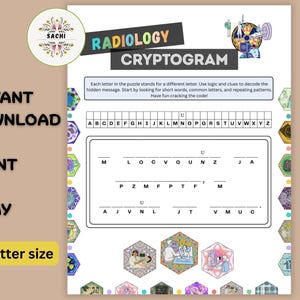 May include: A printable radiology cryptogram puzzle on US Letter size paper. The puzzle features a grid for letter substitution, with the words "RADIOLOGY CRYPTOGRAM" at the top. The image also includes the words "INSTANT DOWNLOAD", "PRINT", and "PLAY".