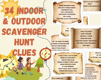 Kids Scavenger Hunt - 34 Indoor & Outdoor Clue Cards plus 8 Occation Invitations (PDF Download)