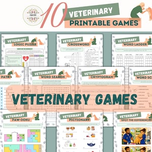 May include: A collection of 10 veterinary printable games featuring titles like Veterinary Logic Puzzle, Crossword, Word Ladder, Word Path, Word Search, Cryptogram, Word Scramble, Paw-Doku, Pictionary, and Spot the Differences on white paper sheets.