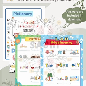 May include: A printable medical lab Pictionary with the text "Medical Lab Pictionary" and "Instant Download | Printable". The image features three colourful pages with illustrations and fill-in-the-blank questions. The answers are included in the download.
