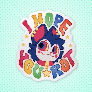 Sticker - "I hope you rot" (grappig schattig klein anime-harig stripfiguur, waterdichte vinylsticker, harig citaat van internetmeme)