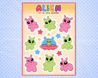 STICKER SHEET - Alien (Matte Sticker, Cute Little Adorable Green and Pink Alien Characters for Scifi, Outer Space and UFO Enthusiasts)