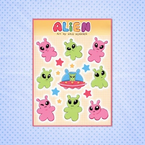 STICKER SHEET - Aliens (Vinyl-Aufkleber, niedliche kleine entzückende kleine entzückende grüne und rosa Alien-Charaktere für Science-Fiction-, Weltraum- und UFO-Enthusiasten)