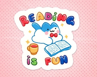 Sticker - Reading is fun (Funny Adorable Cute Little Kitty Cat Vinyl Sticker with Inspirational & Book Loving Quote)