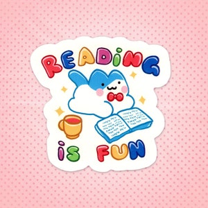 Sticker: lezen is leuk (vinylsticker grappig schattig schattig klein katje met inspirerend citaat en liefdevol boek)