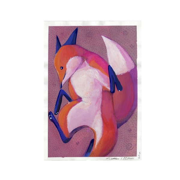ORIGINAL ART - Gouache, markers, ballpoint pen and paint pen on paper | Happy Dancing Orange Fox Painting