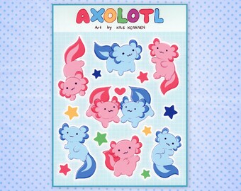 STICKER SHEET - Axolotl Friends (Decorative Sticker, Romantic Valentine's Day Gift, Stickers for bujo, diaries, sketchbooks and calendars)