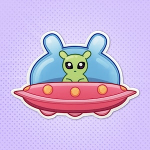 VINYL STICKER - Cute Green Alien in a UFO (Funny Animal / Creature / Monster / Critter Sticker for Space, Alien and Meme Enthusiasts)