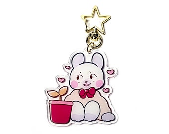 KEYCHAIN - Bunny and a Plant (Cute Adorable Animal Charm with Star Shaped Keyring, Double-sided)