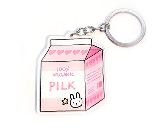 KEYCHAIN - Pilk (Double-sided Acrylic Charm, Kawaii Strawberry Milk Carton, Funny & Cute accessory)