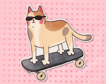 Sticker - Cool Skateboarding Cat Wearing Sunglasses (Adorable Funny Cute Animal Vinyl Sticker for Pet Owners and Furry Enthusiasts)