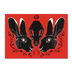 CARTE POSTALE / IMPRESSION (A6) - têtes de mort et de lapin (illustration sur le thème de l'horreur, lapins et renard)