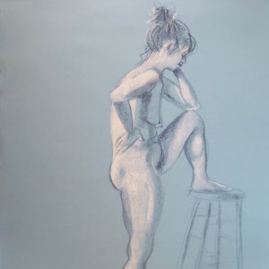Female Figure with Leg on Stool, Original Pastel Drawing