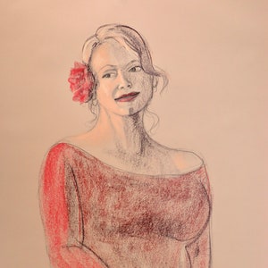 Femme en rouge, dessin pastel original