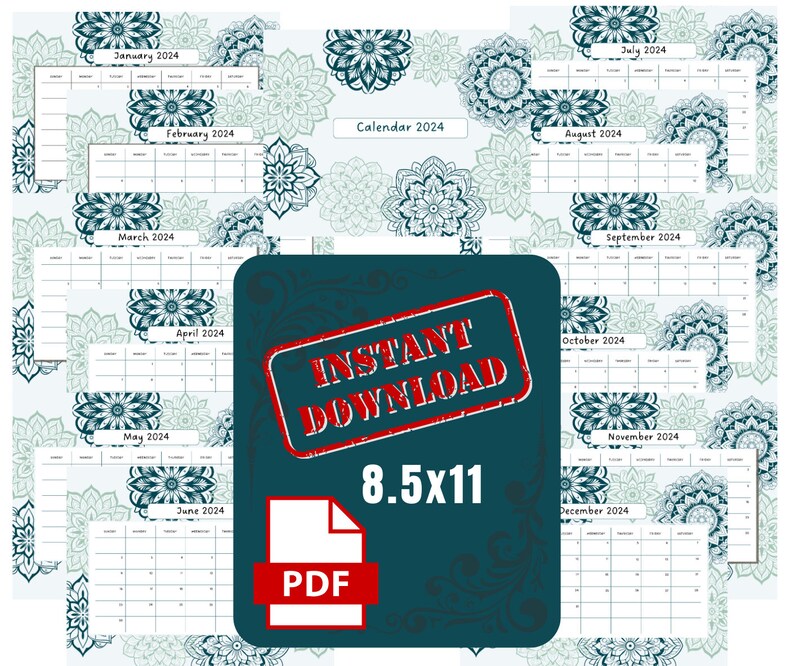 Mandala Calendar 2024 Instant Download PDF 8.5x11 Etsy Australia