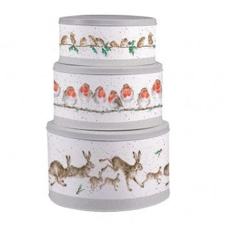 Christmas Canister Set of Tins for Baking Storage with Robins Hares & Mice 