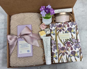 Cozy Blanket Gift Box with Potted Tulip Crochet Flowers and Gourmet Chocolate