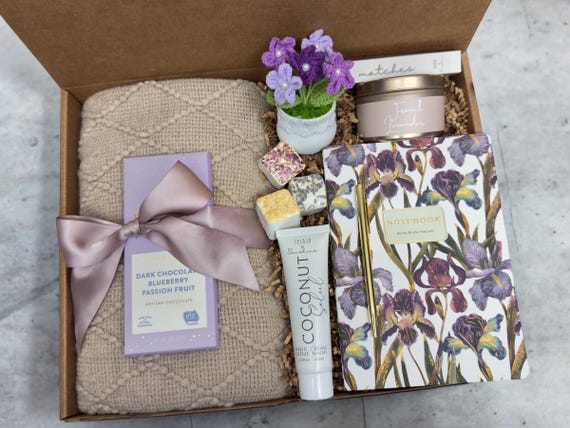 Cozy Blanket Gift Box with Potted Tulip Crochet Flowers and Gourmet Chocolate