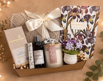 Cozy Care Package with Notebook- Potted Tulip Crochet Flowers and Gourmet Chocolate, Gift Box with Blanket