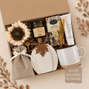 Cozy Autumn Gift Box, Blanket & Personalized Card, Fall Care Package White Wooden Pumpkin