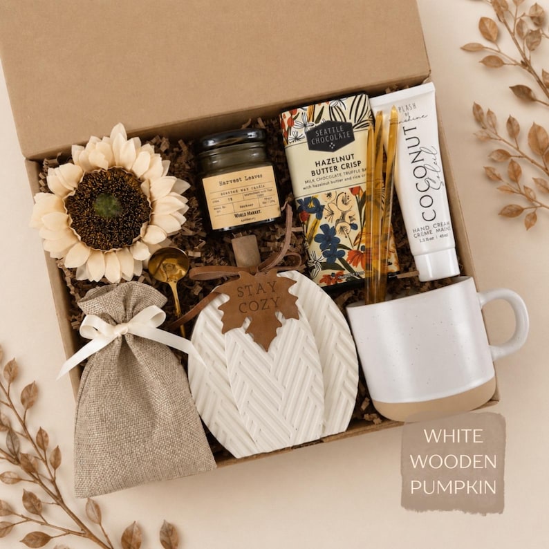 Cozy Autumn Gift Box, Blanket & Personalized Card, Fall Care Package White Wooden Pumpkin