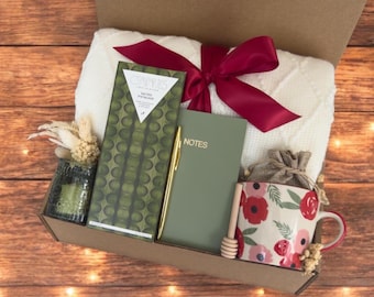 Ultimate Mothers Day Gift, Gifts for Grandma, Cozy Blanket Gift Box, Salted Pistacio Chocolate Bar, Green Votive Candle