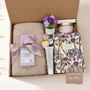 Cozy Blanket Gift Box with Potted Tulip Crochet Flowers and Gourmet Chocolate Morning Glory