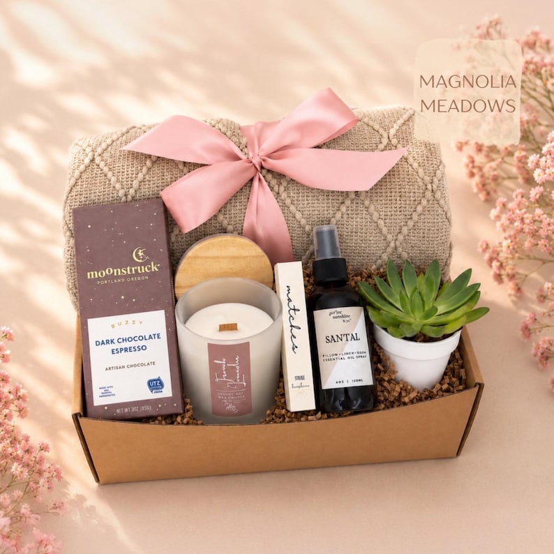 Hug in a Box Care Package: Encouragement Gift, Thinking of You Box, Crochet Animal with Saying Magnolia Meadows