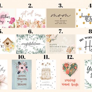 Pu&ograve; includere: Una collezione di biglietti di auguri con vari messaggi e design. I biglietti includono composizioni floreali, una casetta per uccelli e testo come "Buona festa della mamma", "Guarisci presto" e "Buon compleanno". I biglietti sono rettangolari e presentano illustrazioni ad acquerello.