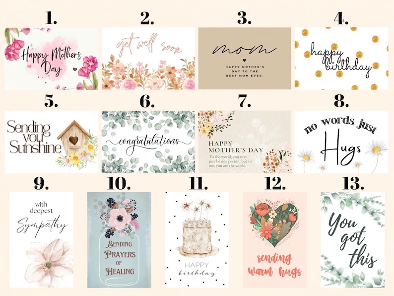 Pu&ograve; includere: Una collezione di biglietti di auguri con vari messaggi e design. I biglietti includono composizioni floreali, una casetta per uccelli e testo come "Buona festa della mamma", "Guarisci presto" e "Buon compleanno". I biglietti sono rettangolari e presentano illustrazioni ad acquerello.