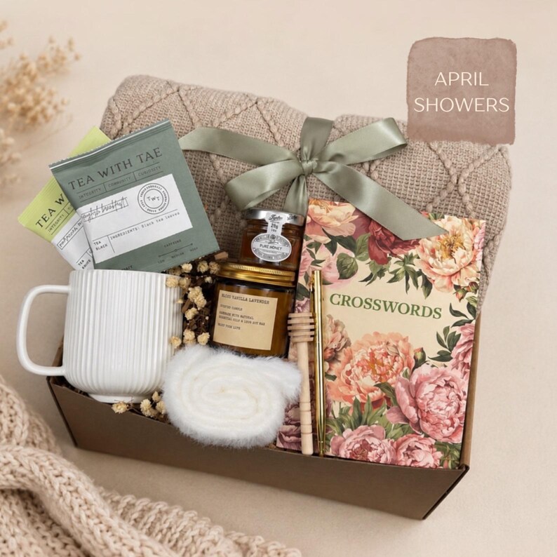 Hug in a Box Care Package: Encouragement Gift, Thinking of You Box, Crochet Animal with Saying April Showers