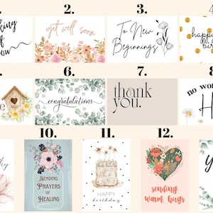 K&ouml;nnte beinhalten: Eine Sammlung von dreizehn rechteckigen Gru&szlig;karten mit verschiedenen Motiven, darunter Blumenillustrationen, goldene Punkte, ein Vogelhaus, ein Herz und ein Kuchen, mit aufgedrucktem Text wie thinking of you, congratulations und thank you.
