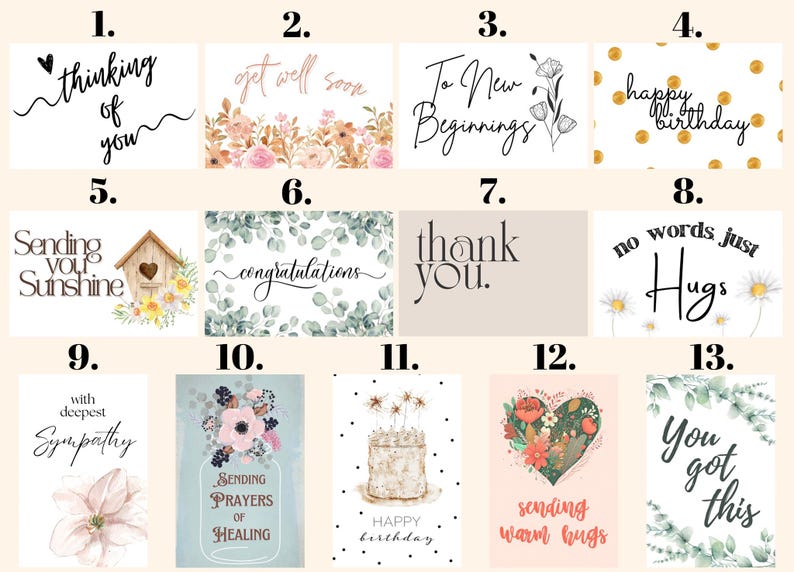 K&ouml;nnte beinhalten: Eine Sammlung von dreizehn rechteckigen Gru&szlig;karten mit verschiedenen Motiven, darunter Blumenillustrationen, goldene Punkte, ein Vogelhaus, ein Herz und ein Kuchen, mit aufgedrucktem Text wie thinking of you, congratulations und thank you.