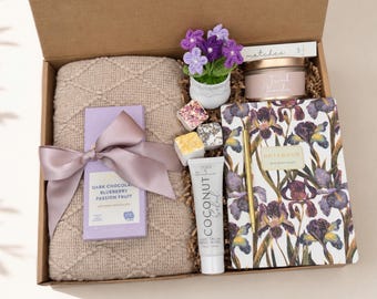 Cozy Blanket Gift Box with Potted Tulip Crochet Flowers and Gourmet Chocolate